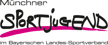 Logo der Münchner Sportjugend im Bayerischen Landes-Sportverband, bestehend aus verschnörkelten Schriftzügen in Schwarz und Pink.