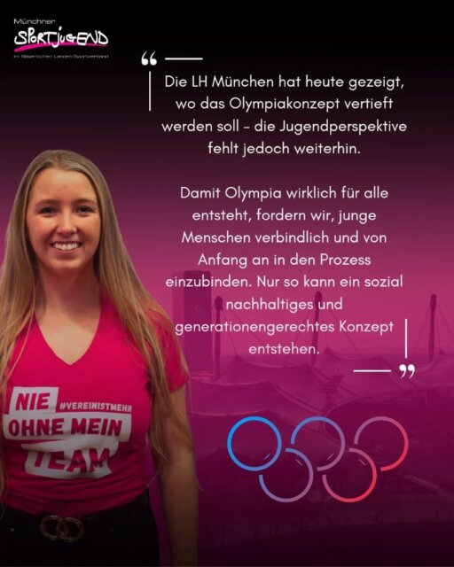 Jugend gehört an den Tisch. 

Wenn München Olympia wirklich für alle gestalten will, braucht es echte Beteiligung junger Menschen – von Anfang an. 💬✨ 

Die LH München hat heute vorgestellt, welche Teile des Olympiakonzepts als nächstes weiter vertieft werden sollen. Für uns ist das eine große Chance: Jetzt können auch junge Perspektiven eingebracht werden – nicht nur bei Themen wie Jugendtickets, sondern ganz konkret bei Fragen zu Sportstätten, Stadtentwicklung und Nutzung nach den Spielen. 

Denn all diese Entscheidungen betreffen junge Menschen langfristig. Und genau deshalb sollten sie aktiv mitgestalten dürfen.