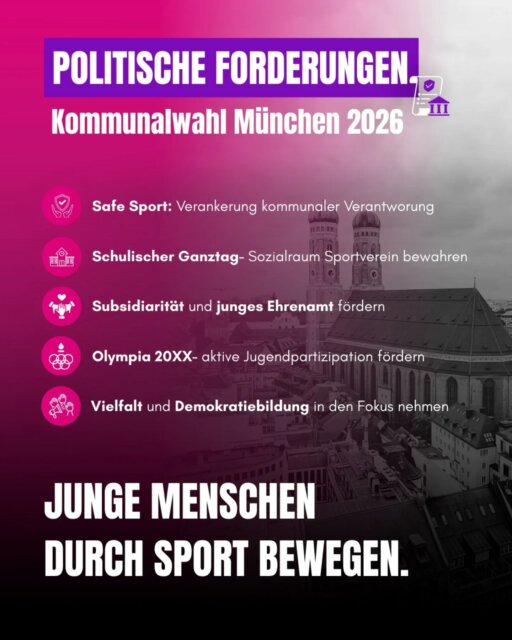 Zur Kommunalwahl 2026 haben wir uns als Münchner Sportjugend zusammengesetzt und konkrete Forderungen an die Stadtpolitik formuliert.
Sportvereine sind für Kinder und Jugendliche sichere Orte, Lernorte und Demokratieräume. Damit sie das auch in Zukunft bleiben, braucht es klare politische Verantwortung – für Safe Sport, Demokratiebildung, Jugendbeteiligung und gute Rahmenbedingungen im Vereinsalltag.
Unsere Forderungen zeigen, was es jetzt braucht, damit der Sport in München für junge Menschen zukunftsfest gestaltet wird.
#Kommunalwahl2026 #msj #jungestimmen #jugend #münchen