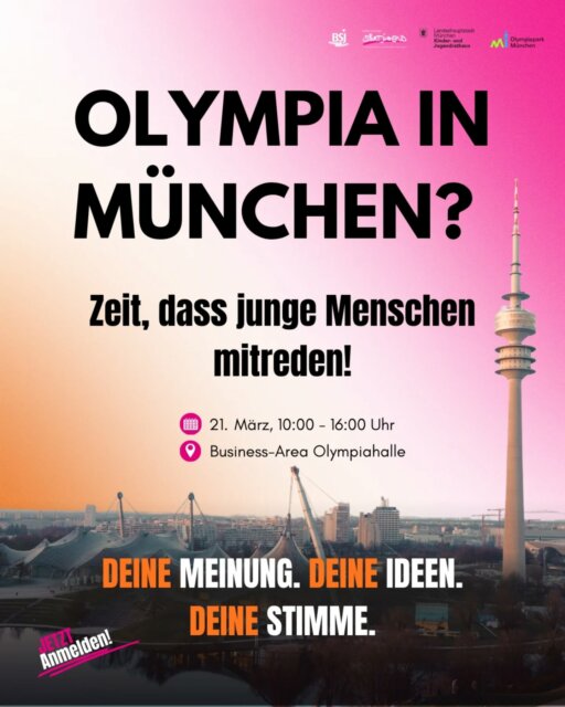 JUGEND MACHT OLYMPIA!
Im Oktober 2025 haben sich die Bürger*innen von München dafür ausgesprochen, dass sich die Stadt um Olympische und Paralympische Spiele bewirbt.
Viele junge Menschen waren jedoch leider nicht stimmberechtigt.
Dabei geht es auch um ihre Zukunft. Ihre Stimme muss endlich gehört werden!
Dafür sorgen wir jetzt: Am 21. März 2026 bringen wir junge Perspektiven in die Debatte ein:
🏟 Wie sollen sich die Spiele anfühlen – welcher Spirit passt zu München?
🧑🤝🧑 Wie profitieren junge Menschen wirklich – langfristig?
⚽ Wie kann der Sport in München nachhaltig gestärkt werden?
🤝 Wie werden die Spiele sozial gerecht und zugänglich für alle?
🌍 Wie können sie verantwortungsvoll mit Klima und Ressourcen umgehen?
Wenn du also willst, dass deine Perspektive gehört wird, dann misch dich ein:
📅 21. März 2026
🕙 10–16 Uhr
📍 Olympiapark München, Business Area
👥 14–27 Jahre
👉 Jetzt anmelden - über den Link in der Bio oder direkt: https://msj.de/wissen/events/olympia-workshop/
Deine Meinung. Deine Ideen. Deine Stimme.
#OlympiaMünchen
#Jugendbeteiligung
#DeineStimmeZählt
#MünchnerJugend
#NachhaltigeSpiele
SportstadtMünchen
ZukunftGestalten
MitredenStattZuschauen