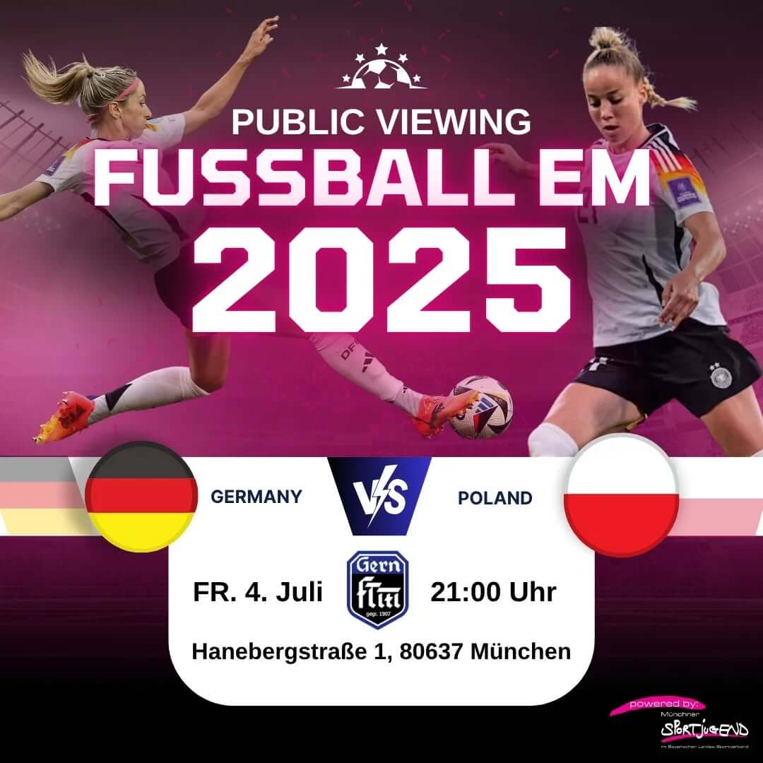 ⚽ Public Viewing – Frauen Fußball EM 2025 ⚽
Gruppenphase | Deutschland – Auftaktspiel
📅 4. Juli 2025 | 🕘 21 Uhr
📍 FT Gern, Hanebergstraße 1, 80637 München
🎟️ Eintritt: Kostenlos
Kommt vorbei, bringt eure Teams, Freund*innen & Familie mit und lasst uns gemeinsam zeigen, wie laut und sichtbar Support für Frauen im Fußball sein kann! 💥
Tipp: Und wenn du beim nächsten Mal nicht nur beim Public Viewing dabei sein, sondern im Stadion selbst für Gänsehautmomente sorgen willst: Dann melde dich zum ersten Female Fanblock Münchens an – am 6. September in der Allianz Arena beim Saisonauftakt der FC Bayern Frauen!
Gemeinsam mit anderen Mädchen- & Frauenteams machen wir den Block laut, bunt und voller Support. 💜⚽ 👉
Melde dein Team oder dich selbst jetzt an: https://www.msj.de/female-fanblock/