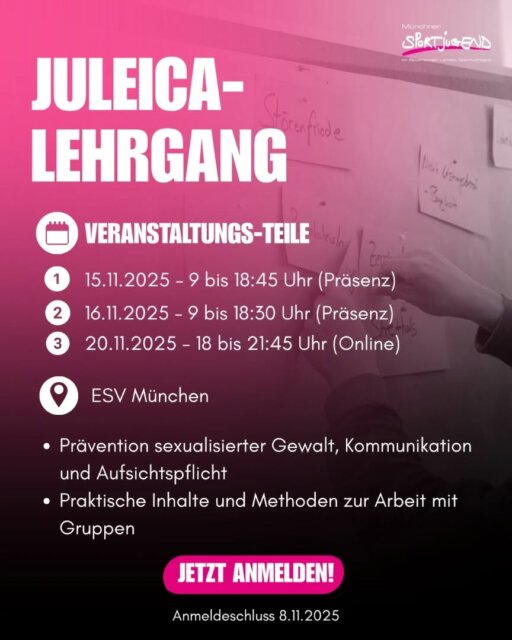 Du willst in deinem Verein als Jugendleiter*in/Betreuer*in durchstarten?
Unsere Juleica-Ausbildung bietet dir das Know-how, das du dafür brauchst – praxisnah, sportlich und mit viel Teamspirit.

📅 15.–20. November | 📍 ESV München
Sei dabei und melde dich jetzt an – Link in Bio!

#MSJ #MuenchnerSportjugend #BildungimSport