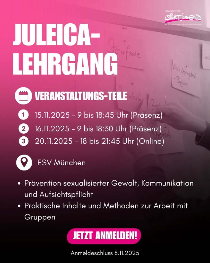 Du willst in deinem Verein als Jugendleiter*in/Betreuer*in durchstarten?
Unsere Juleica-Ausbildung bietet dir das Know-how, das du dafür brauchst – praxisnah, sportlich und mit viel Teamspirit.

📅 15.–20. November | 📍 ESV München
Sei dabei und melde dich jetzt an – Link in Bio!

#MSJ #MuenchnerSportjugend #BildungimSport