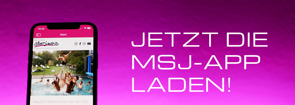 Auf der linken Seite ist ein Smartphone dargestellt, welches die geöffnete MSJ-App zeigt. Auf der rechten Seite ist der Text: Jetzt die MSJ-App laden zu lesen.