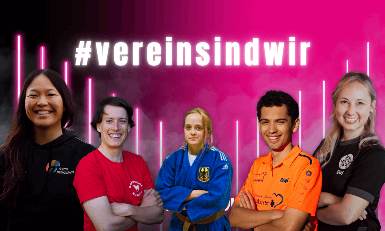 5 Menschen in unterschiedlicher Sportkleidung vor dem Schriftzug vereinsindwir